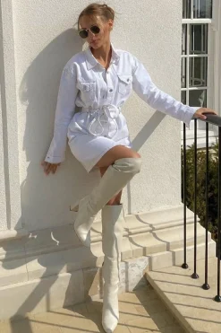 Rebellious Fashion White Contrast Stitch Belted Denim Dress - Donia