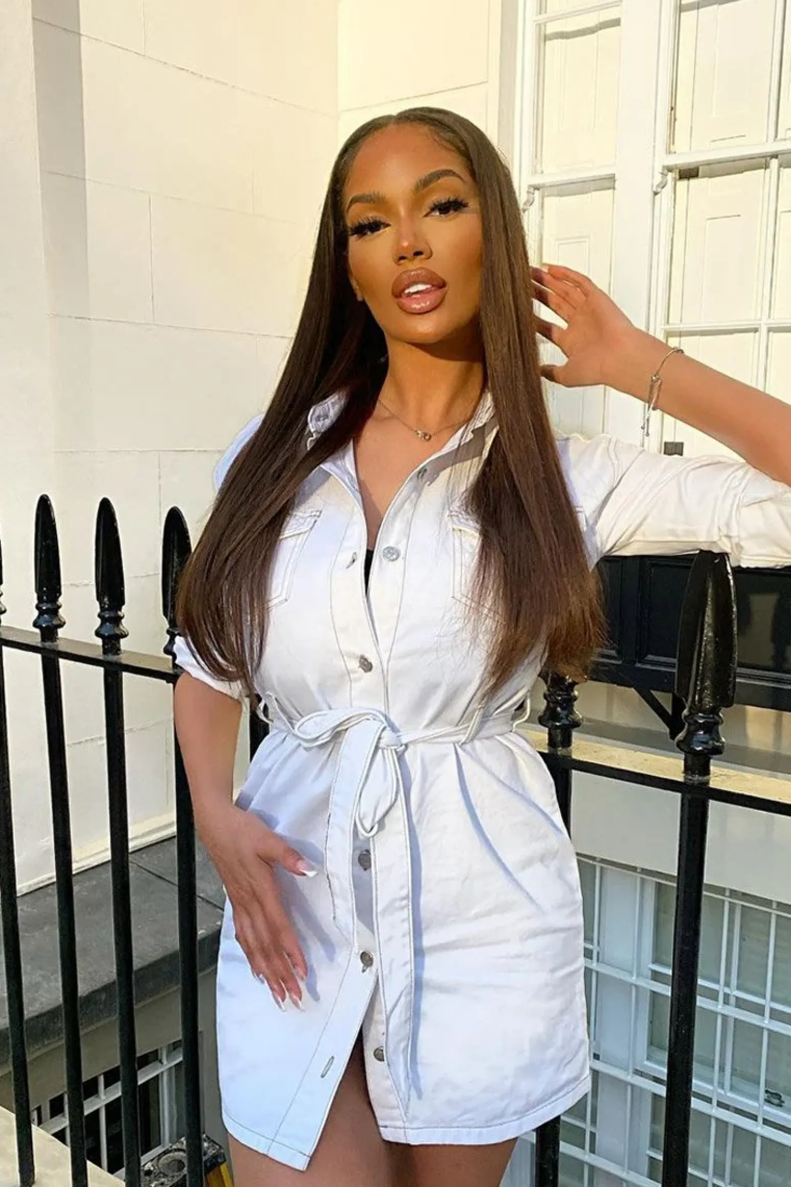 Rebellious Fashion White Contrast Stitch Belted Denim Dress - Donia