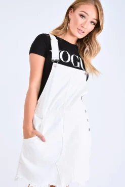 Rebellious Fashion White Denim Distressed Dungaree Dress - Crescentia