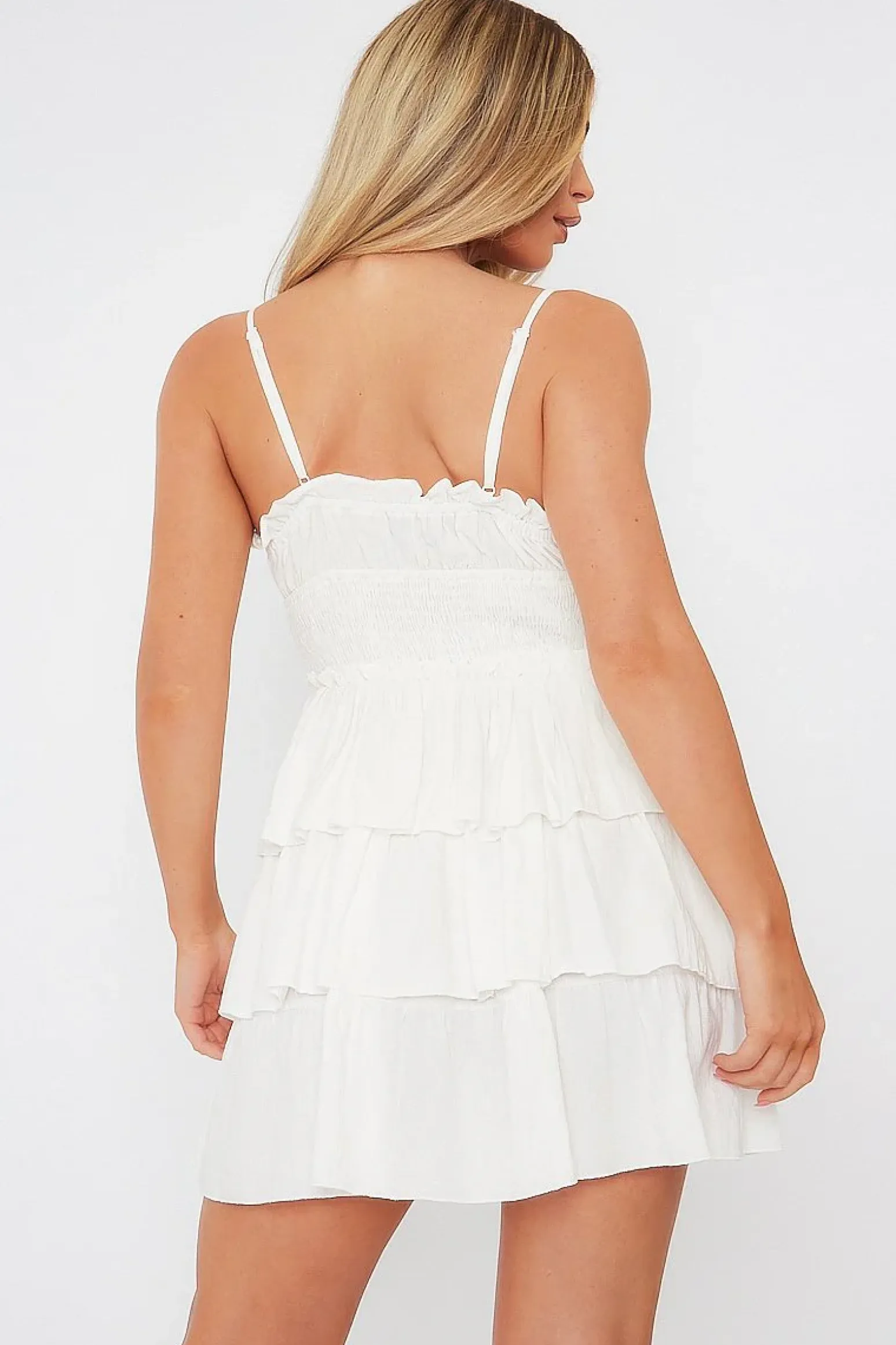 Rebellious Fashion White Frill Detail Tiered Cut Out Mini Dress - Daneen