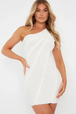 Rebellious Fashion White One Shoulder Contrast Stitch Bodycon Dress - Ellie