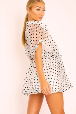 Rebellious Fashion White Organza Polka Slip Insert Shirt Dress - Nathalia