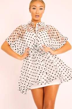 Rebellious Fashion White Organza Polka Slip Insert Shirt Dress - Nathalia