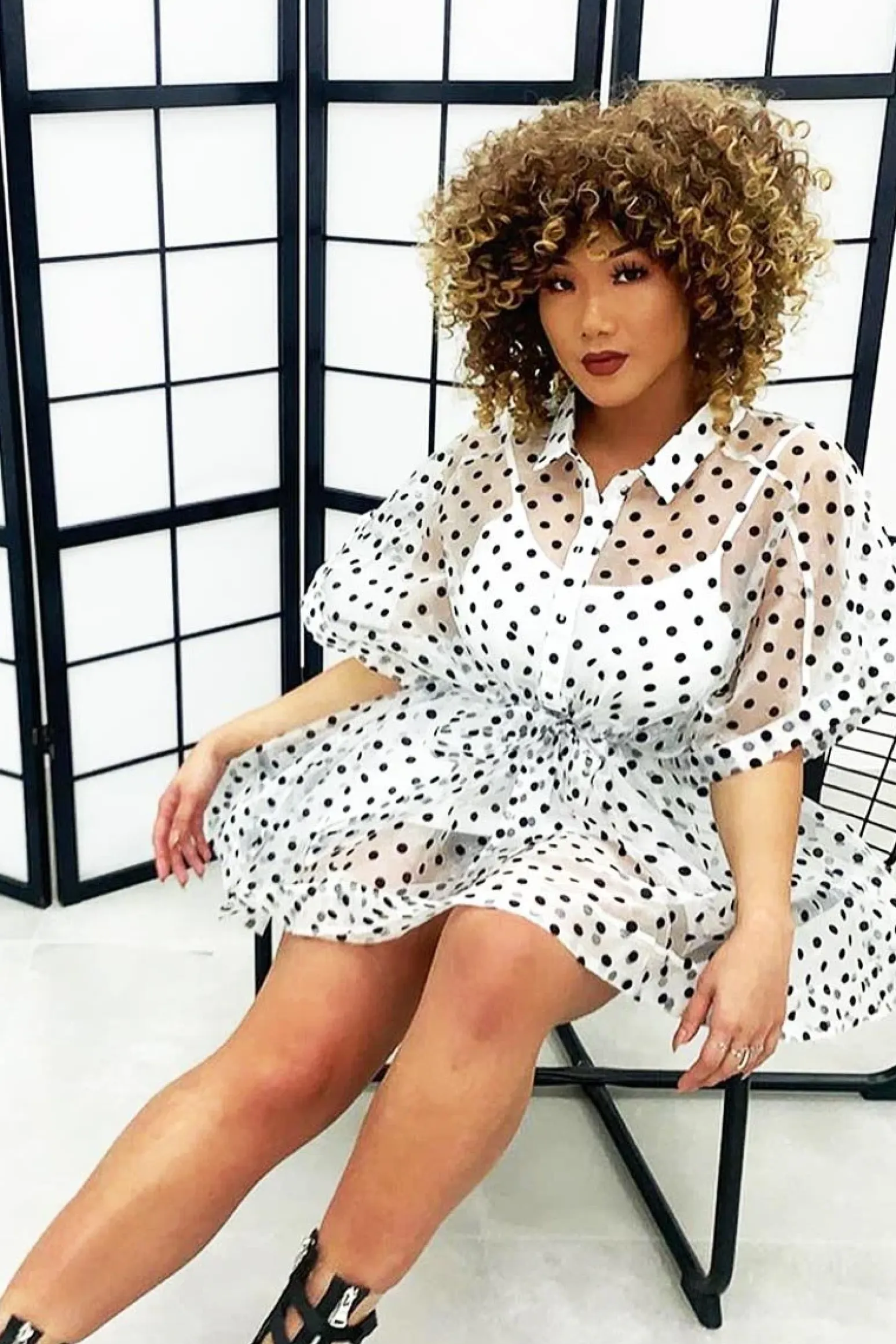 Rebellious Fashion White Organza Polka Slip Insert Shirt Dress - Nathalia