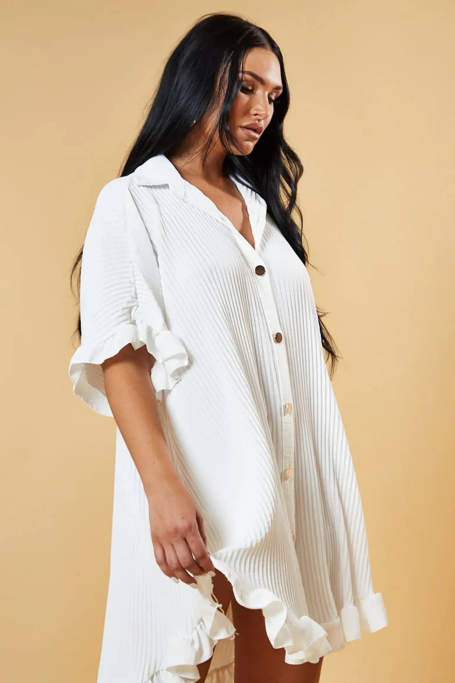 Rebellious Fashion White Pleat Detail Frill Sleeve Oversized Dress - Sana
