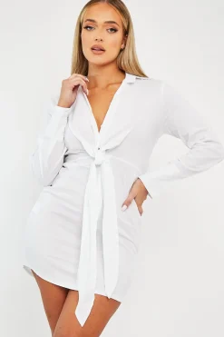 Rebellious Fashion White Plunge Knot Detail Shirt Dress - Marlie