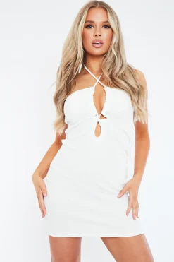 Rebellious Fashion White Rib Cut Out Front Halter Neck Mini Dress - Thea