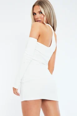 Rebellious Fashion White Rib One Sleeve Asymmetric Mini Dress - Nola