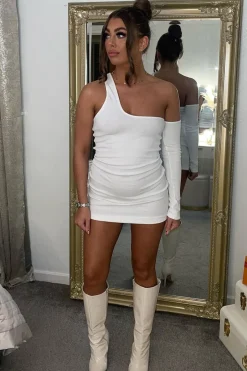 Rebellious Fashion White Rib One Sleeve Asymmetric Mini Dress - Nola