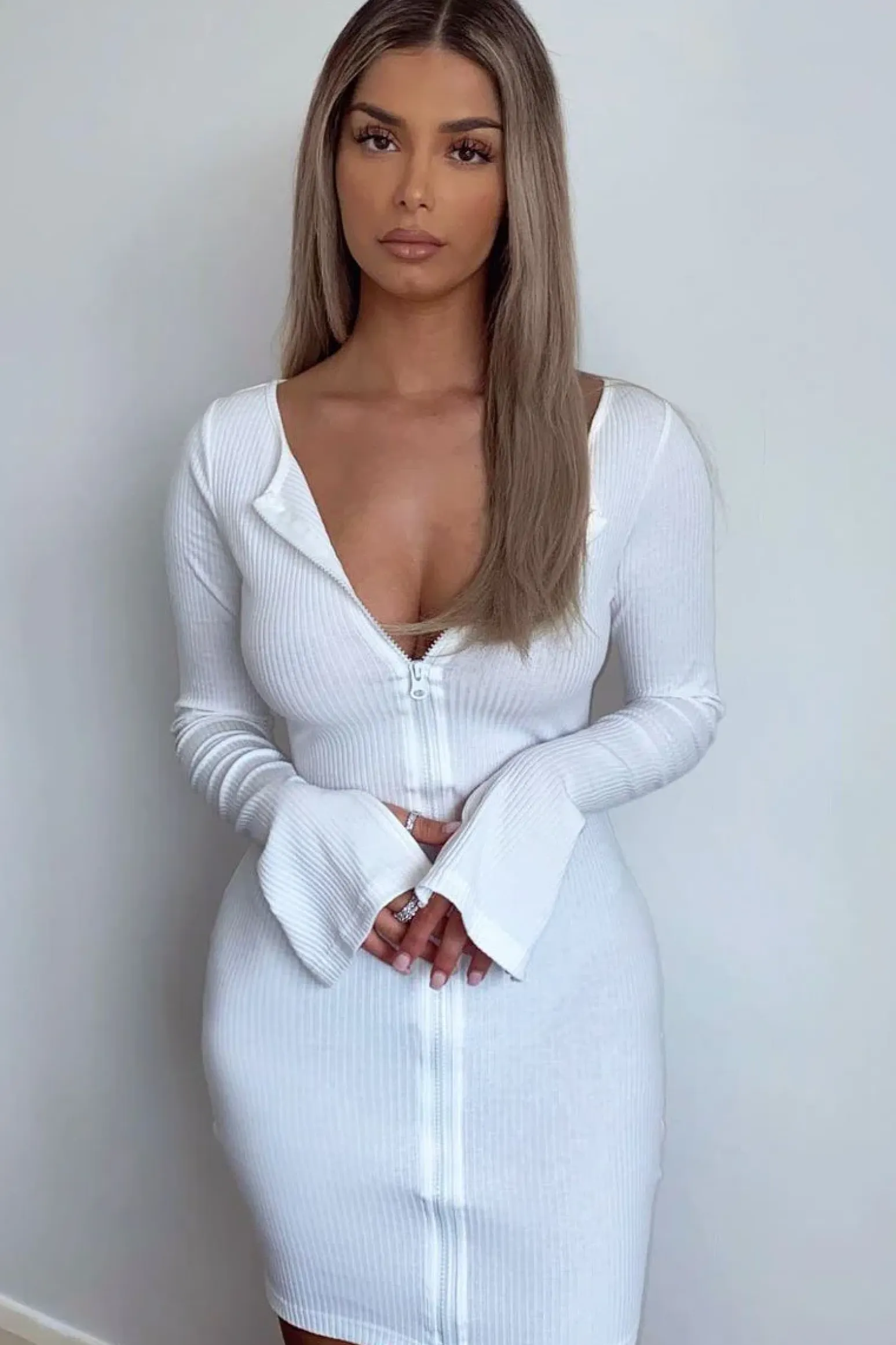 Rebellious Fashion White Ribbed Double Zip Bodycon Mini Dress - Bellani
