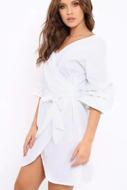 Rebellious Fashion White Ruched Sleeve Wrap Around Dress - Marly