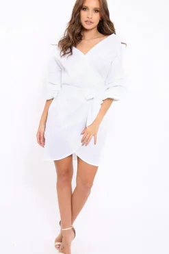 Rebellious Fashion White Ruched Sleeve Wrap Around Dress - Marly