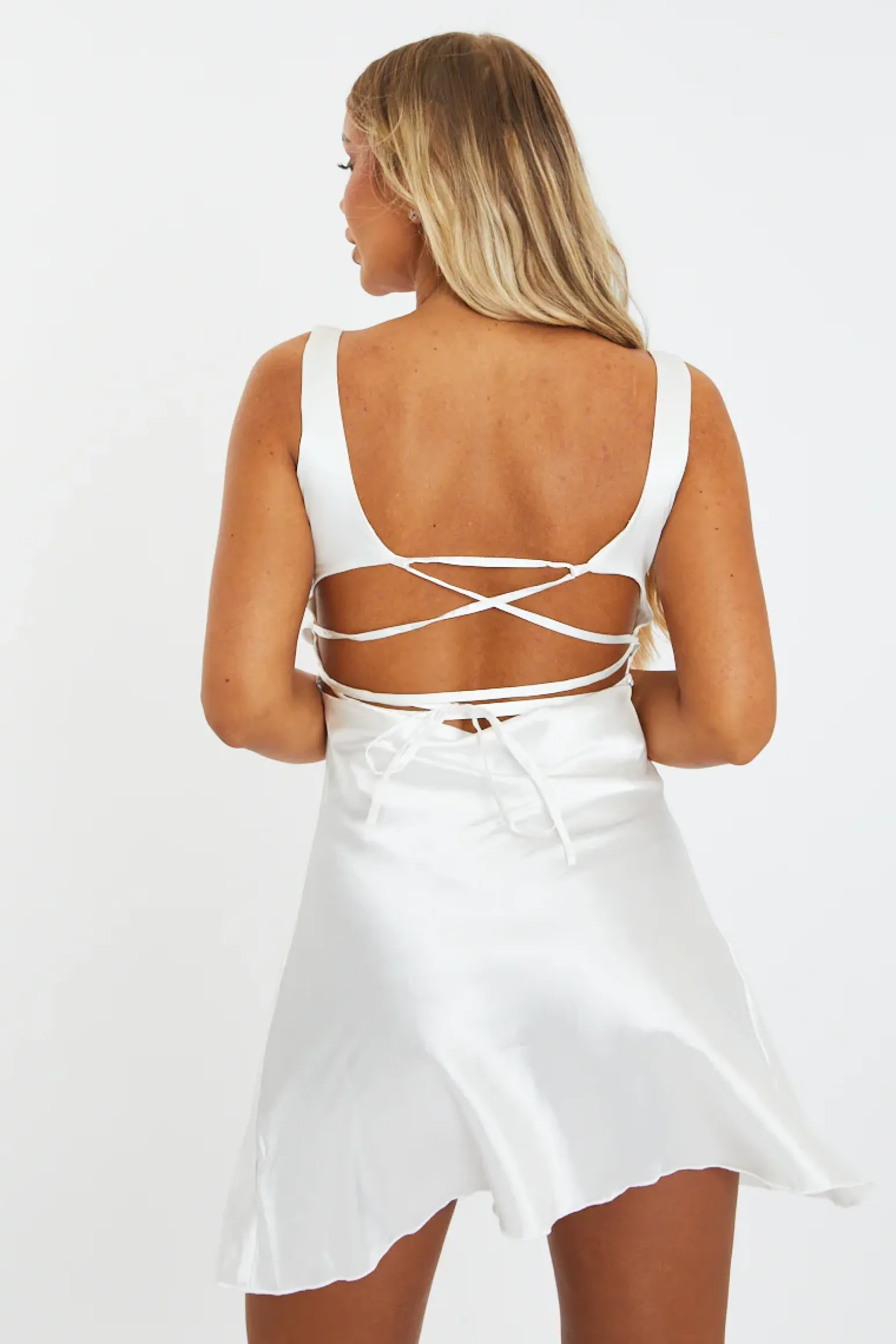 Rebellious Fashion White Satin Cut Out Lace Up Back Mini Dress - Gia
