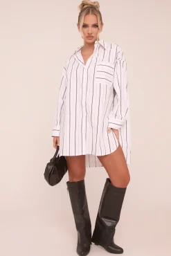 Rebellious Fashion White Striped Oversized Shirt Dress - Deborah