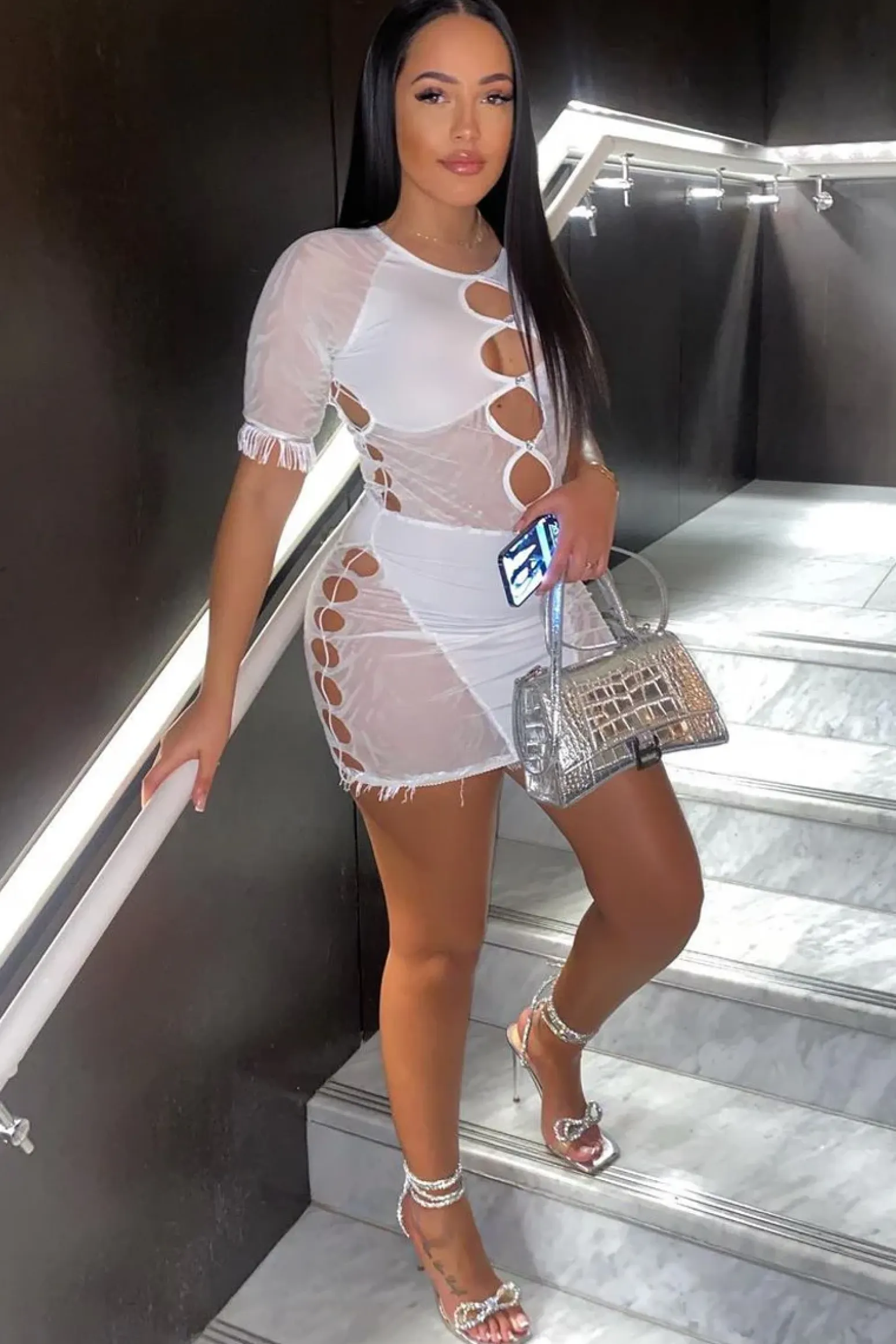 Rebellious Fashion White Zebra Print Cut Out Mesh Mini Dress - Josslyn