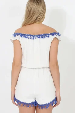 Rebellious Fashion White & Blue Crochet V Front Playsuit - Florence