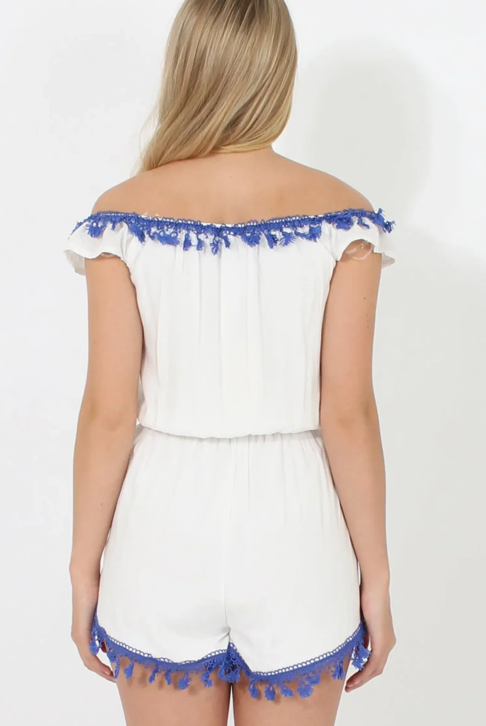 Rebellious Fashion White & Blue Crochet V Front Playsuit - Florence