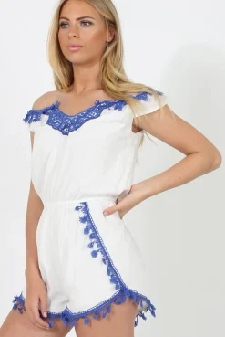 Rebellious Fashion White & Blue Crochet V Front Playsuit - Florence
