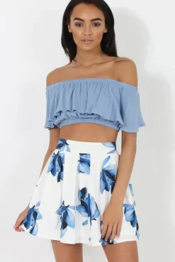 Rebellious Fashion White & Blue High Waisted Skater Skirt - Elisha