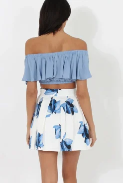 Rebellious Fashion White & Blue High Waisted Skater Skirt - Elisha