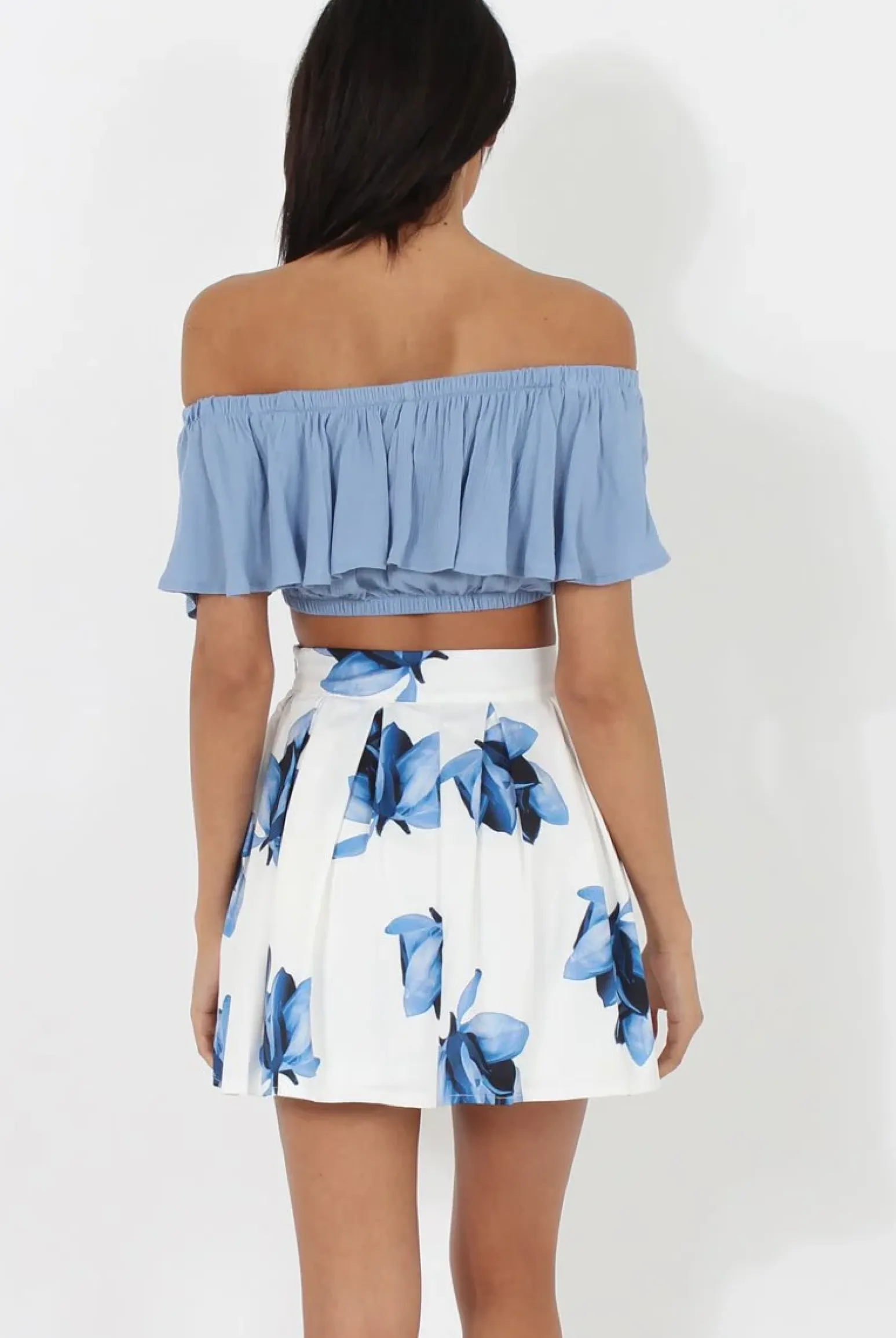 Rebellious Fashion White & Blue High Waisted Skater Skirt - Elisha