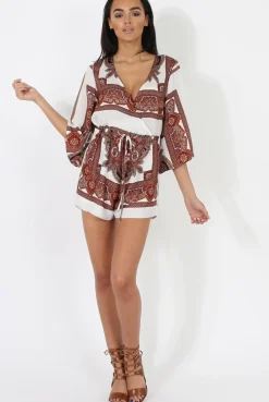 Rebellious Fashion White & Brown Pattern Wrap Over Playsuit - Belinda