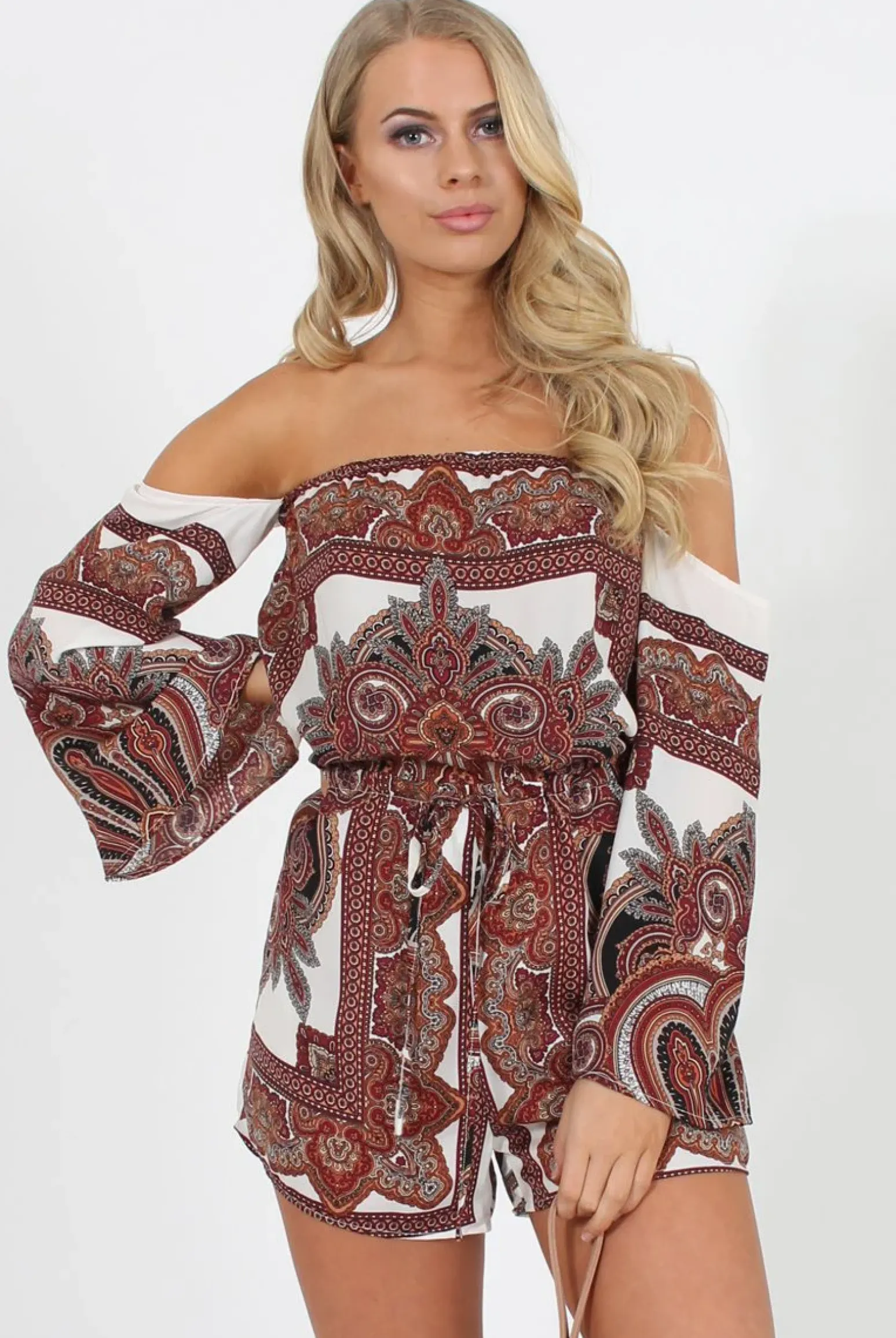 Rebellious Fashion White & Burgundy Paisley off the Shoulder Playsuit - Chelsey