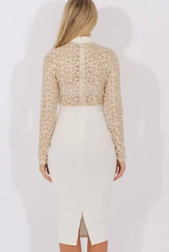 Rebellious Fashion White & Gold Mesh Top Embroidered Midi Dress - Louiza