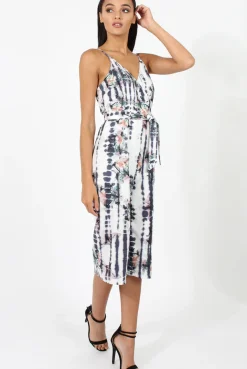 Rebellious Fashion White & Grey Tie Dye Floral Print Culotte Jumpsuit - Fiona