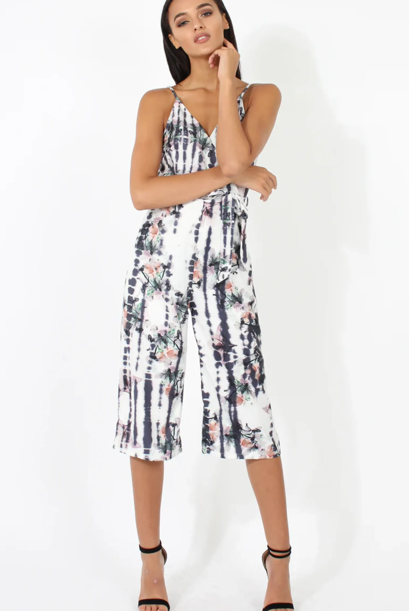 Rebellious Fashion White & Grey Tie Dye Floral Print Culotte Jumpsuit - Fiona