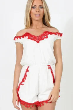 Rebellious Fashion White & Red Crochet V Front Playsuit - Florence