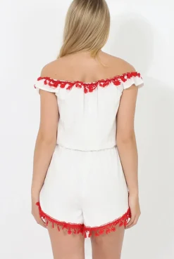 Rebellious Fashion White & Red Crochet V Front Playsuit - Florence