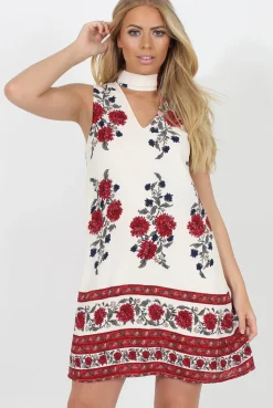 Rebellious Fashion White & Red Floral Cut Out Shift Dress - Harriet