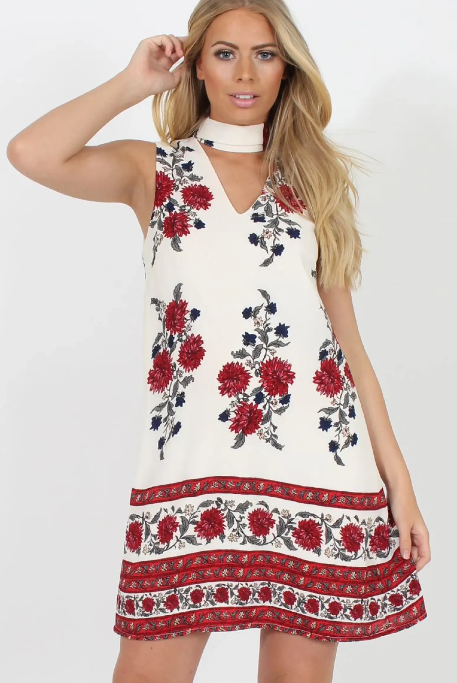 Rebellious Fashion White & Red Floral Cut Out Shift Dress - Harriet