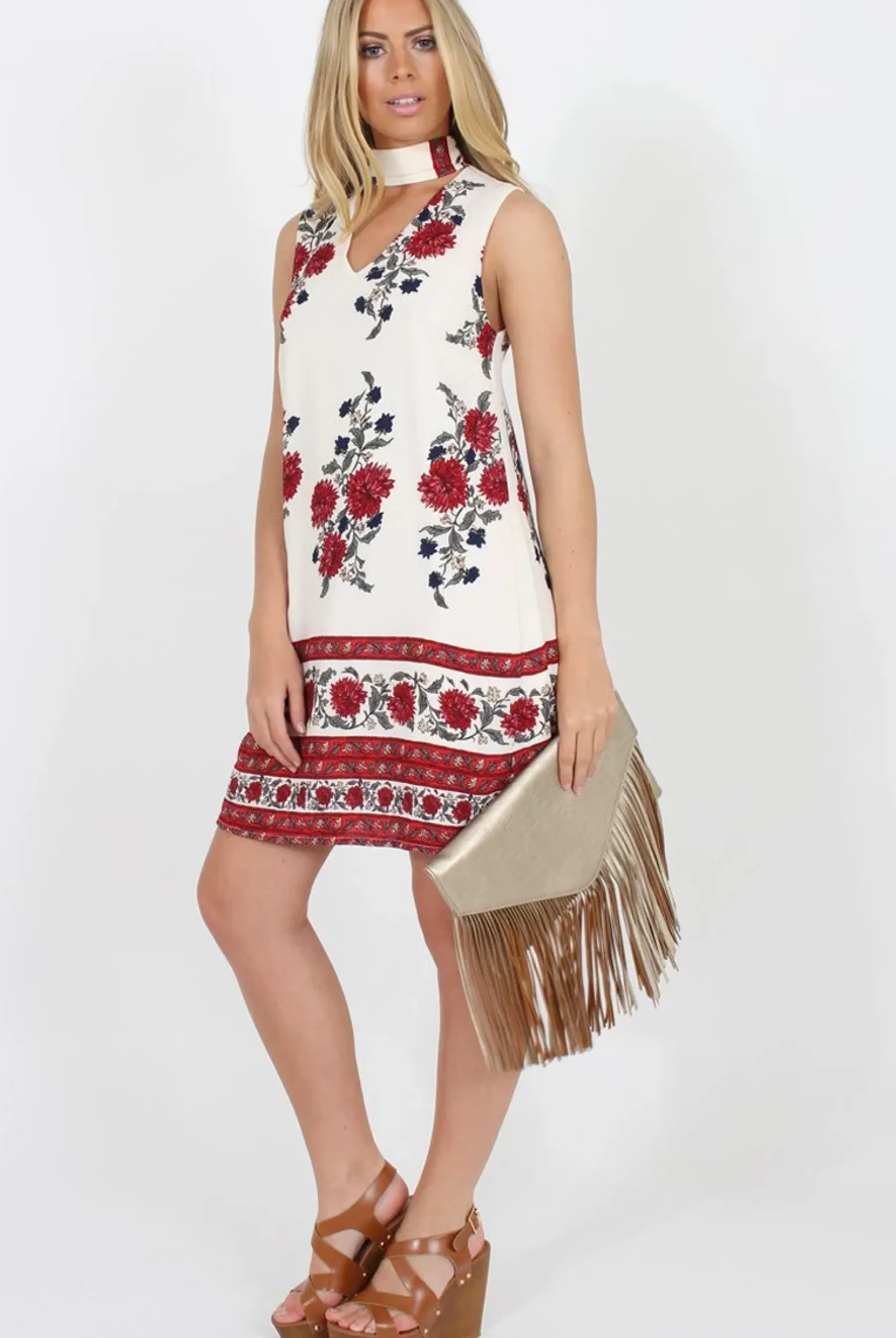 Rebellious Fashion White & Red Floral Cut Out Shift Dress - Harriet