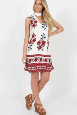 Rebellious Fashion White & Red Floral Cut Out Shift Dress - Harriet