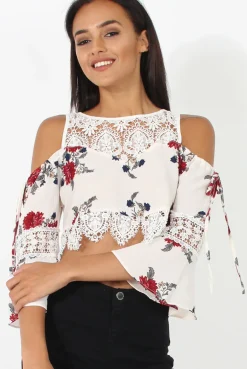 Rebellious Fashion White & Red Floral Print Cold Shoulder Crop Top - Juni