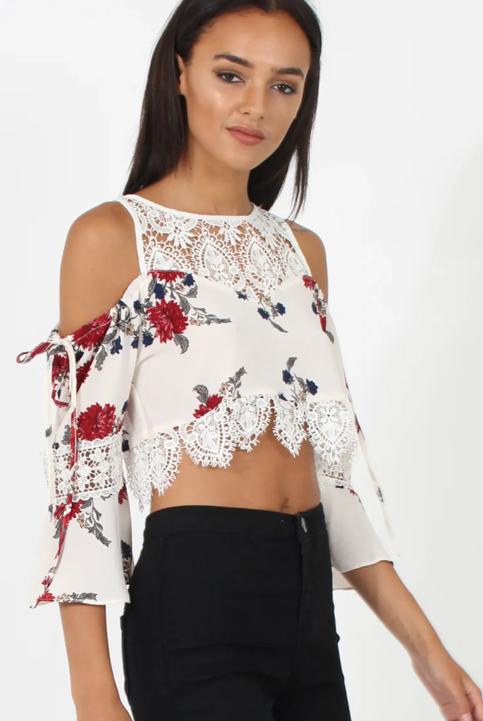 Rebellious Fashion White & Red Floral Print Cold Shoulder Crop Top - Juni