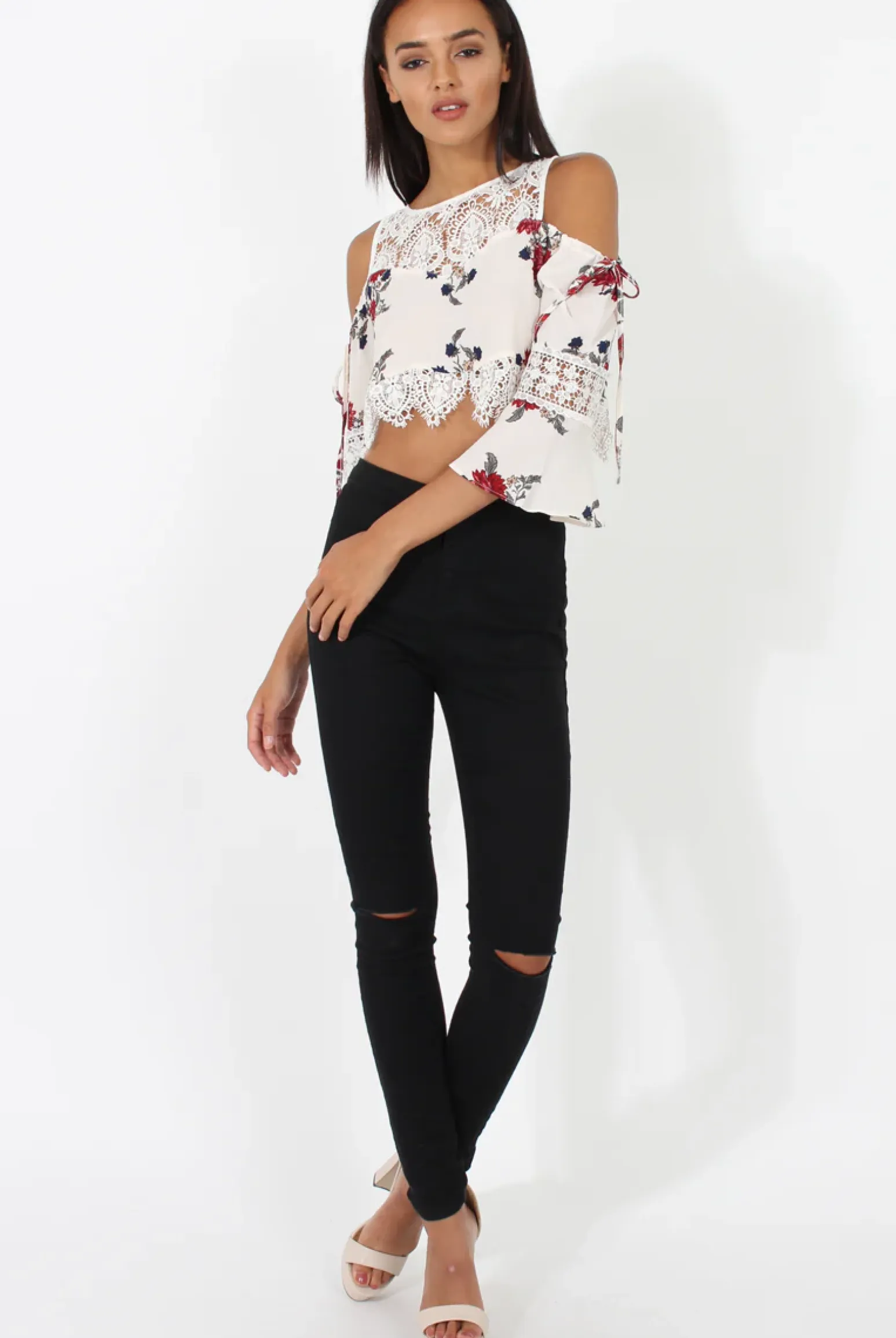 Rebellious Fashion White & Red Floral Print Cold Shoulder Crop Top - Juni