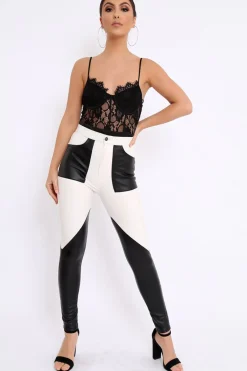 Rebellious Fashion White and Black Contrast Faux Leather Trousers - Pax
