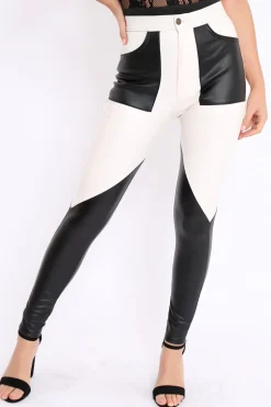 Rebellious Fashion White and Black Contrast Faux Leather Trousers - Pax