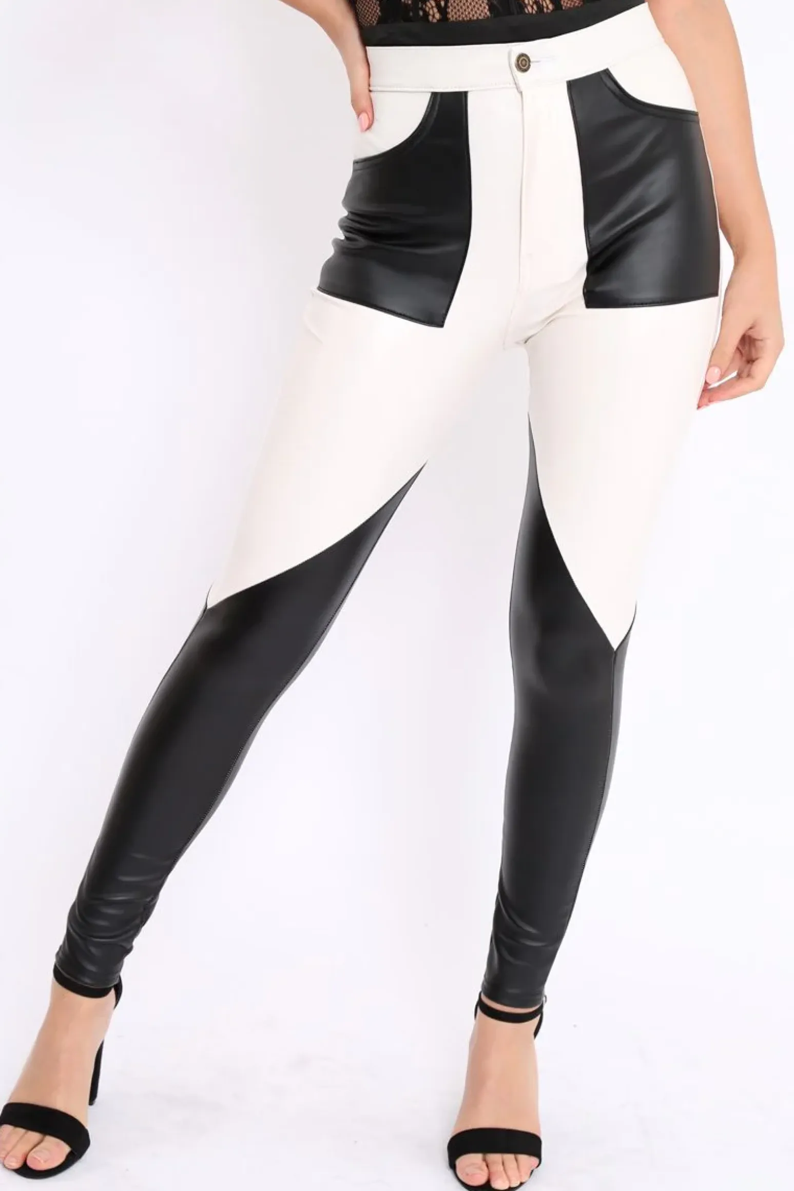 Rebellious Fashion White and Black Contrast Faux Leather Trousers - Pax