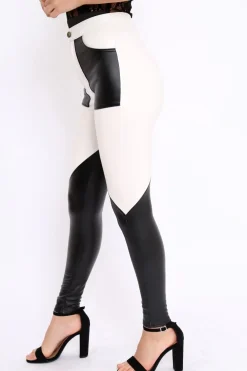 Rebellious Fashion White and Black Contrast Faux Leather Trousers - Pax