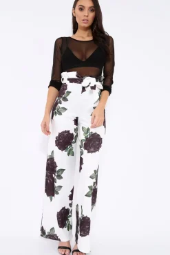 Rebellious Fashion White and Black Floral Paper Bag Tie Waist Wide Leg Trousers - Kennedy