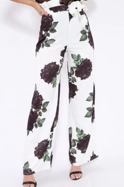 Rebellious Fashion White and Black Floral Paper Bag Tie Waist Wide Leg Trousers - Kennedy