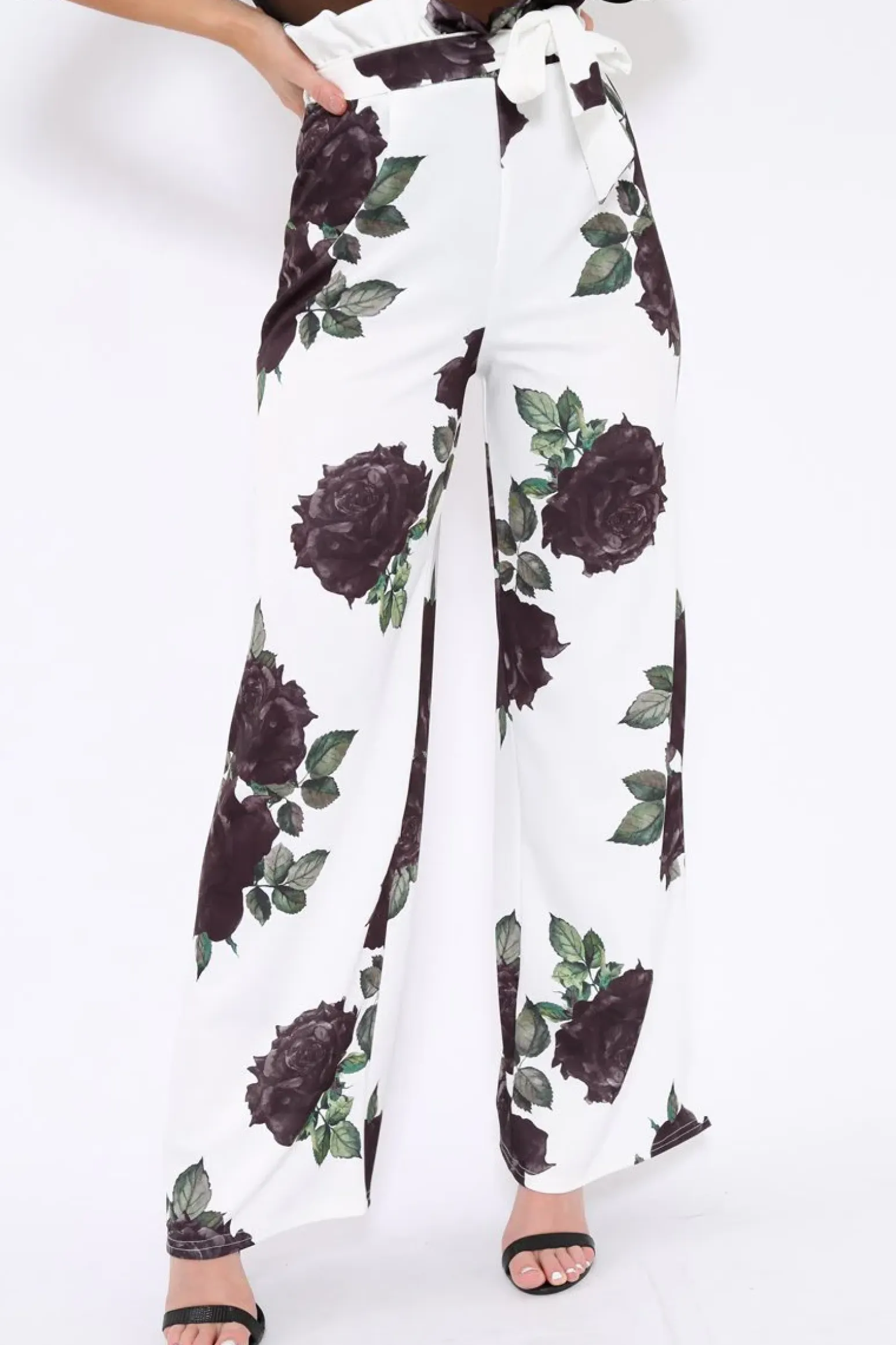 Rebellious Fashion White and Black Floral Paper Bag Tie Waist Wide Leg Trousers - Kennedy