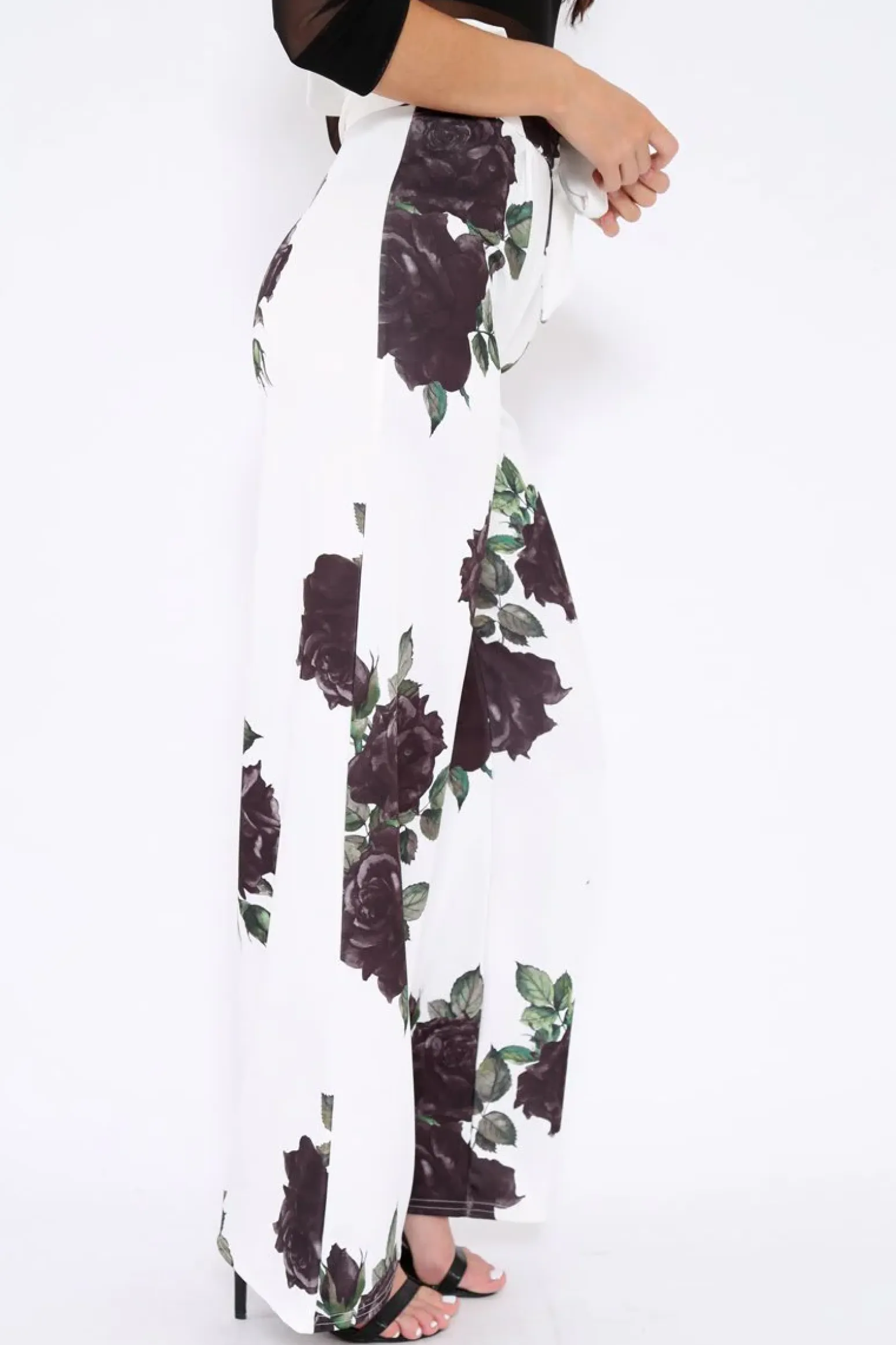 Rebellious Fashion White and Black Floral Paper Bag Tie Waist Wide Leg Trousers - Kennedy