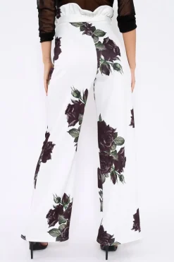 Rebellious Fashion White and Black Floral Paper Bag Tie Waist Wide Leg Trousers - Kennedy