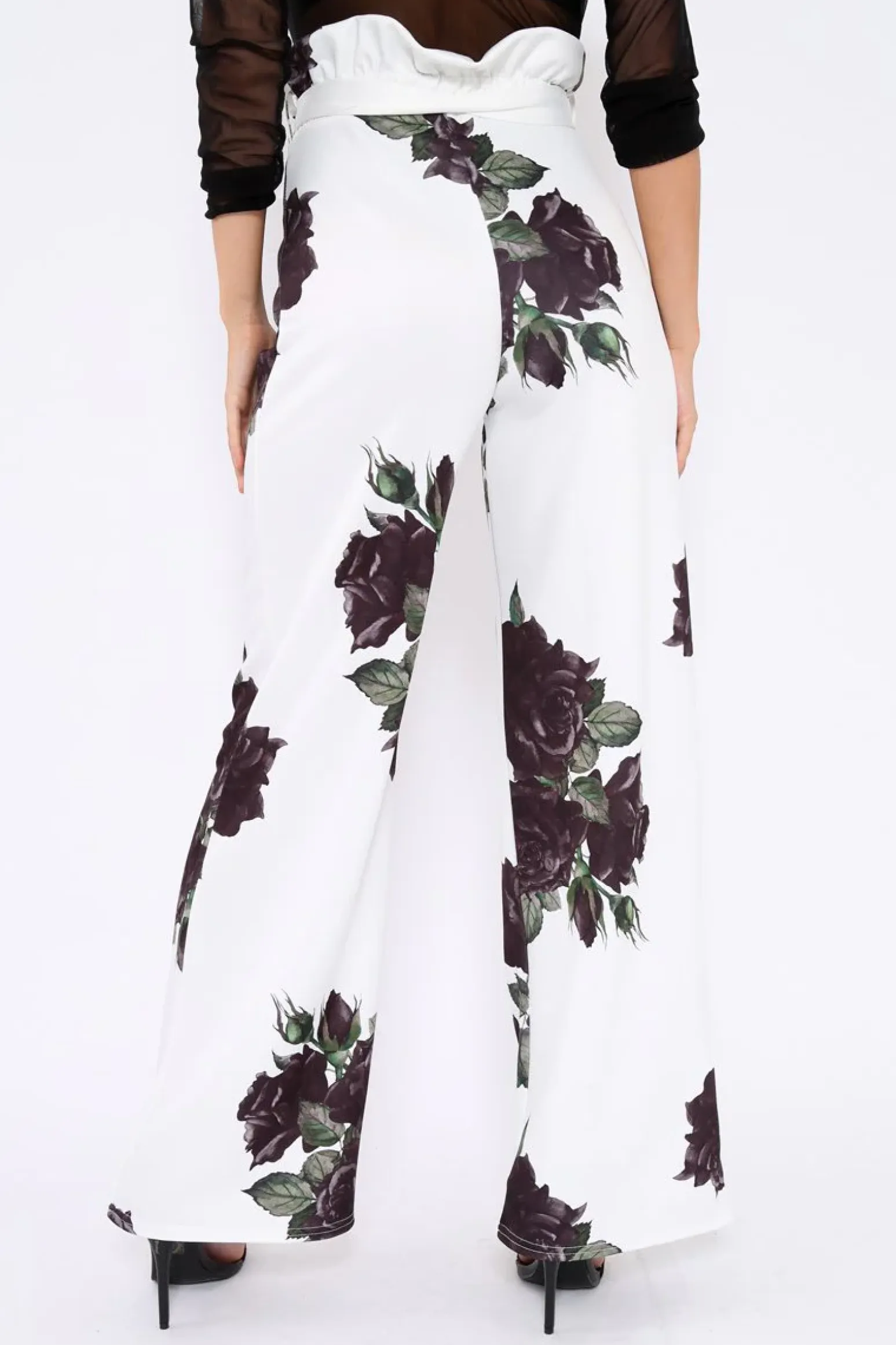 Rebellious Fashion White and Black Floral Paper Bag Tie Waist Wide Leg Trousers - Kennedy