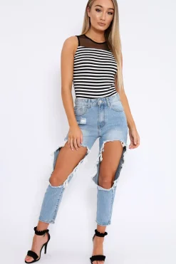 Rebellious Fashion White and Black Stripe Mesh Detail Bodysuit - Lakendra